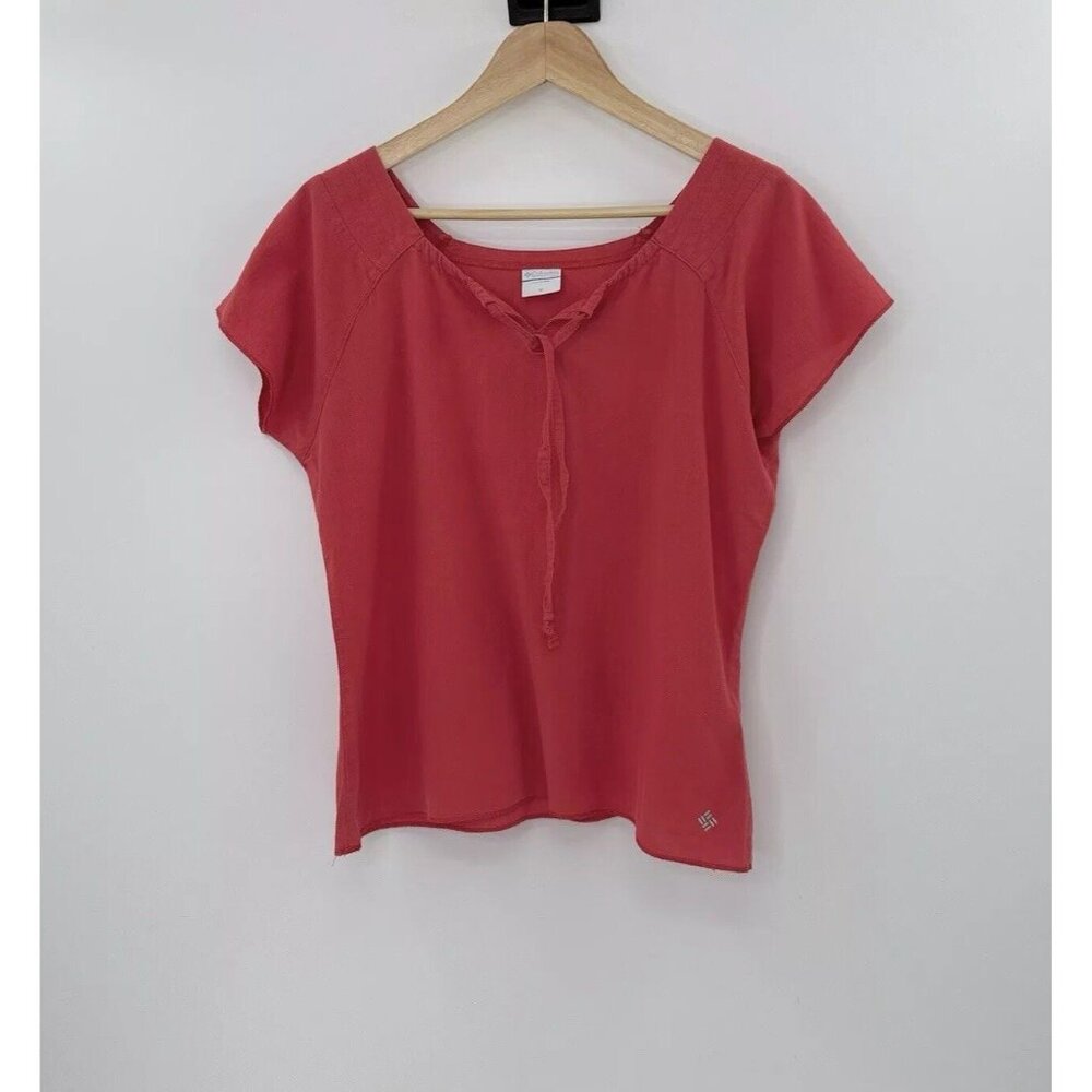Columbia Women’s 100% Cotton Coral Red Short Sleeve Crop Top Sz M Tie Front Boho